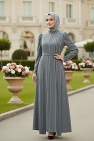 Grey Stone Detailed Evening Dress