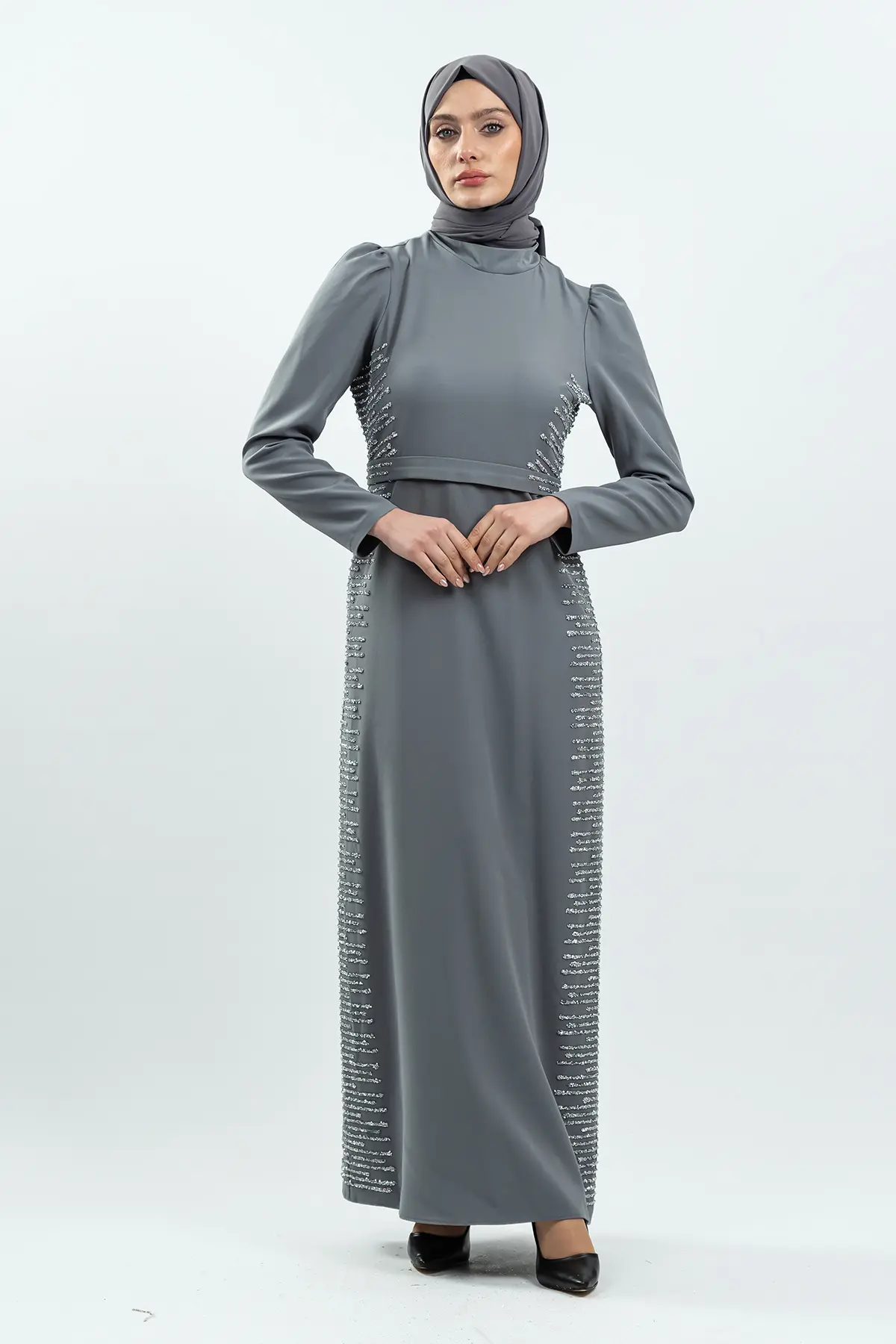 Grey Stone Detailed Evening Dress-detail