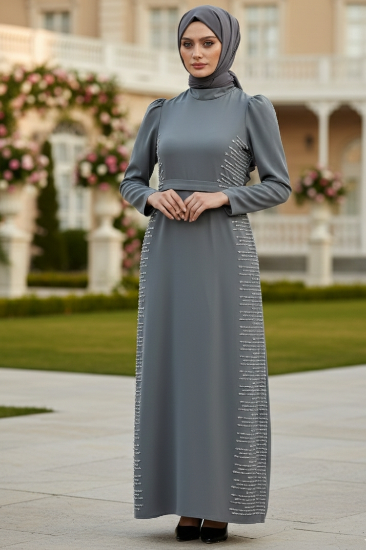 Grey Stone Detailed Evening Dress