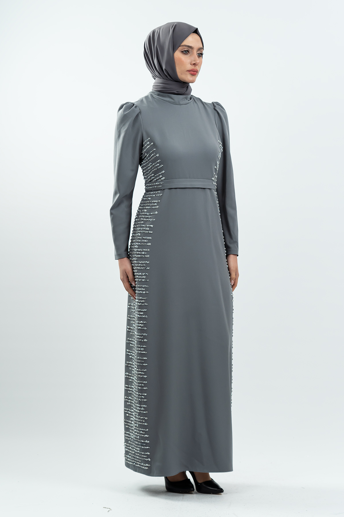Grey Stone Detailed Evening Dress