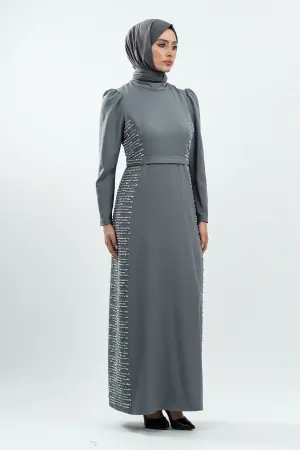 Grey Stone Detailed Evening Dress