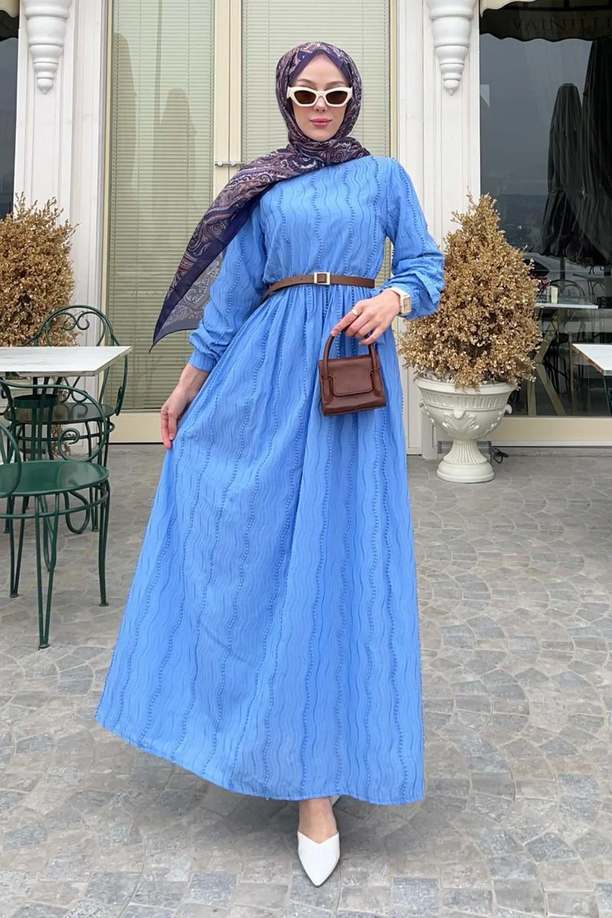 Güpür Detaylı Tesettür Elbise Mavi 1008-1