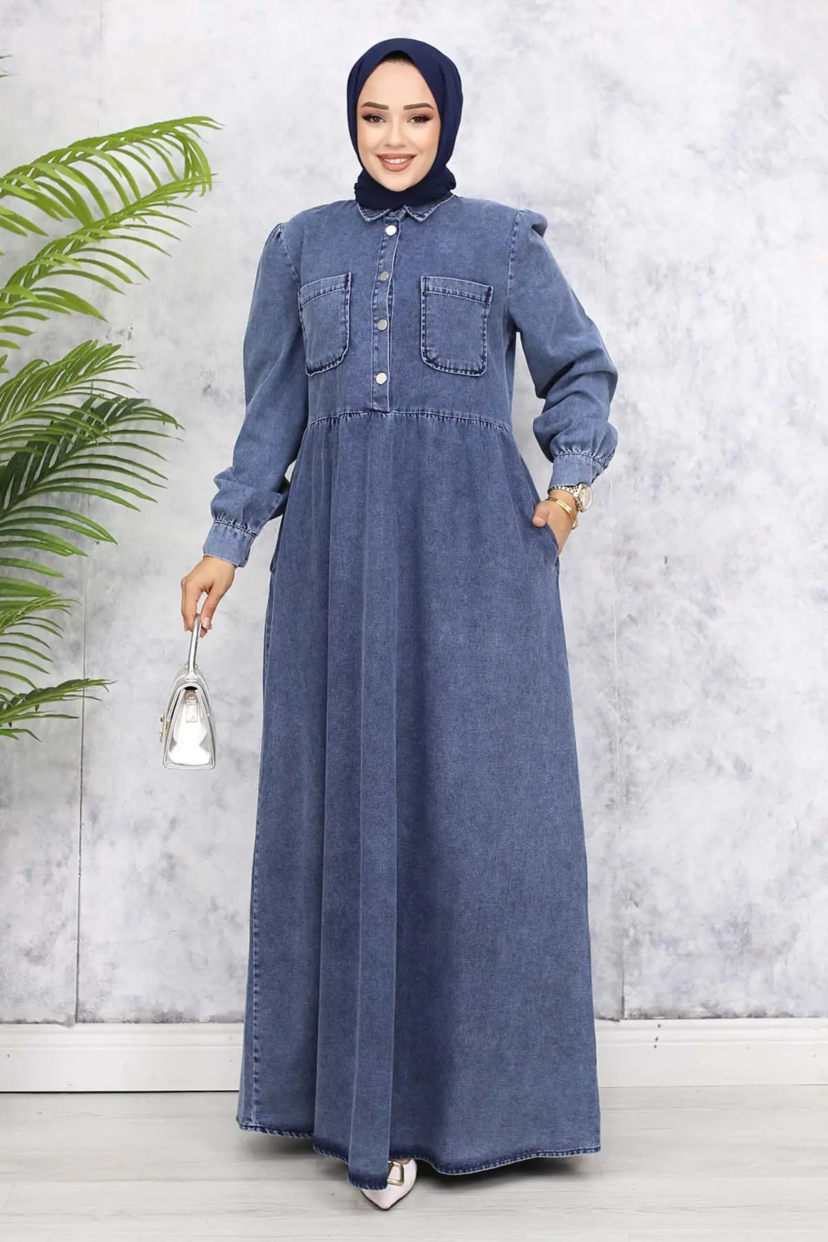 Half Buttoned Jeans Dress With Front Pocket Detail-detail