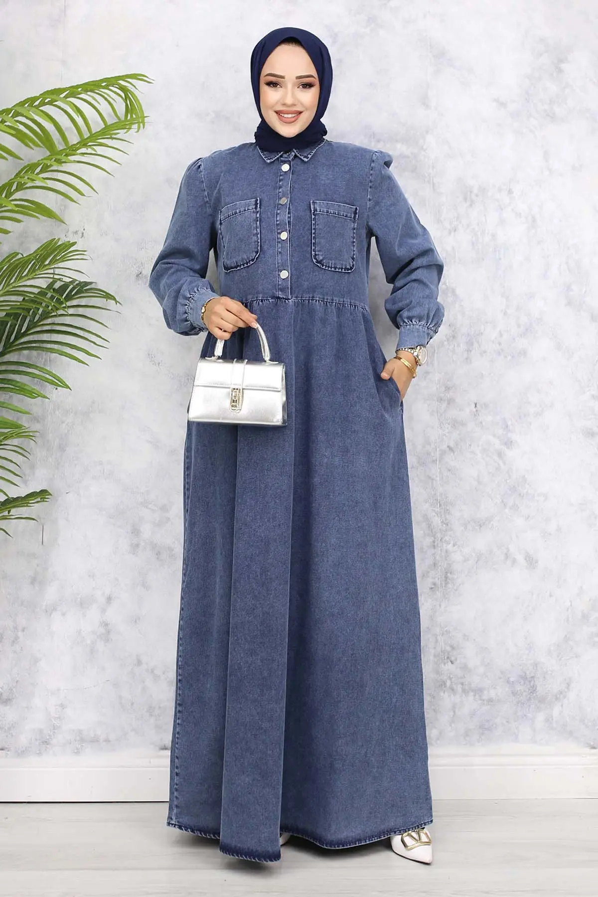 Half Buttoned Jeans Dress With Front Pocket Detail