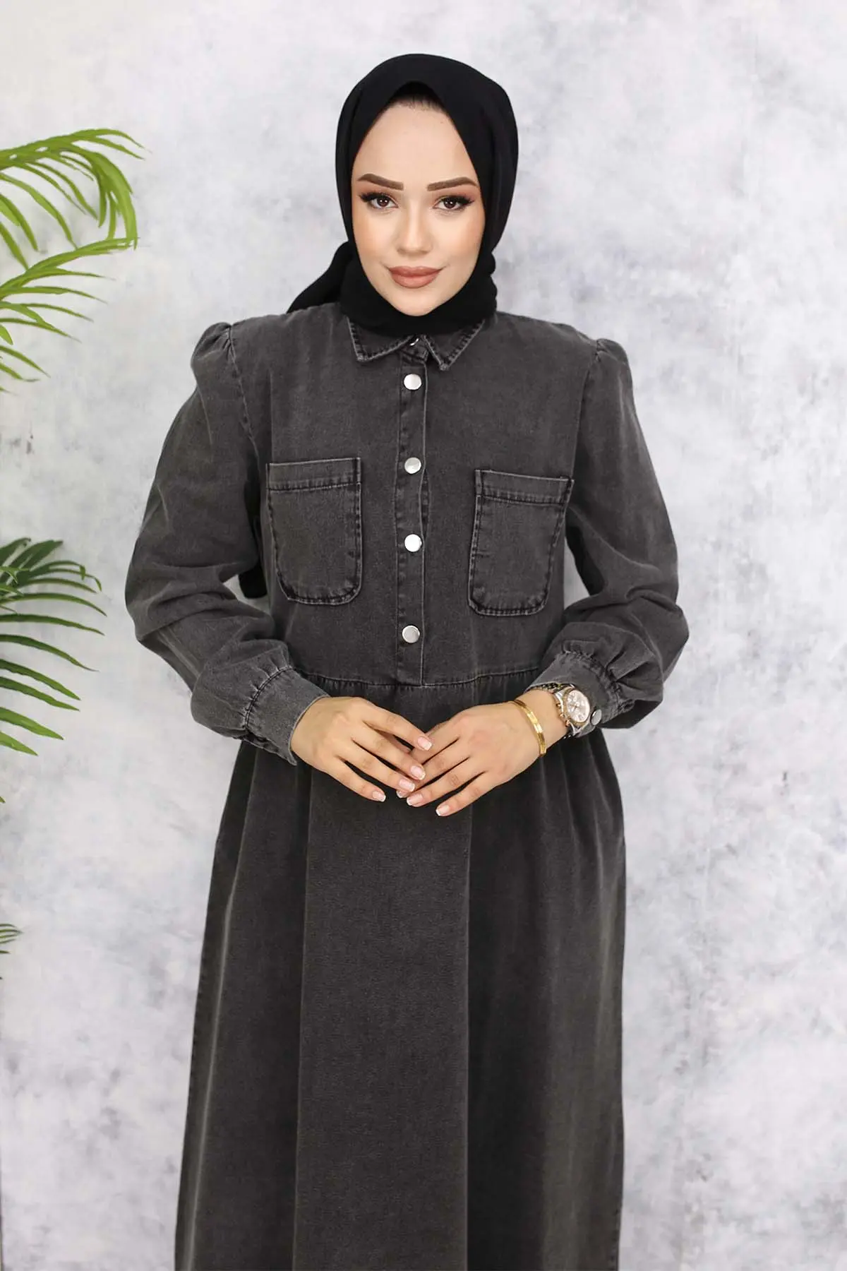 Half Buttoned Jeans Dress With Front Pocket Detail-detail