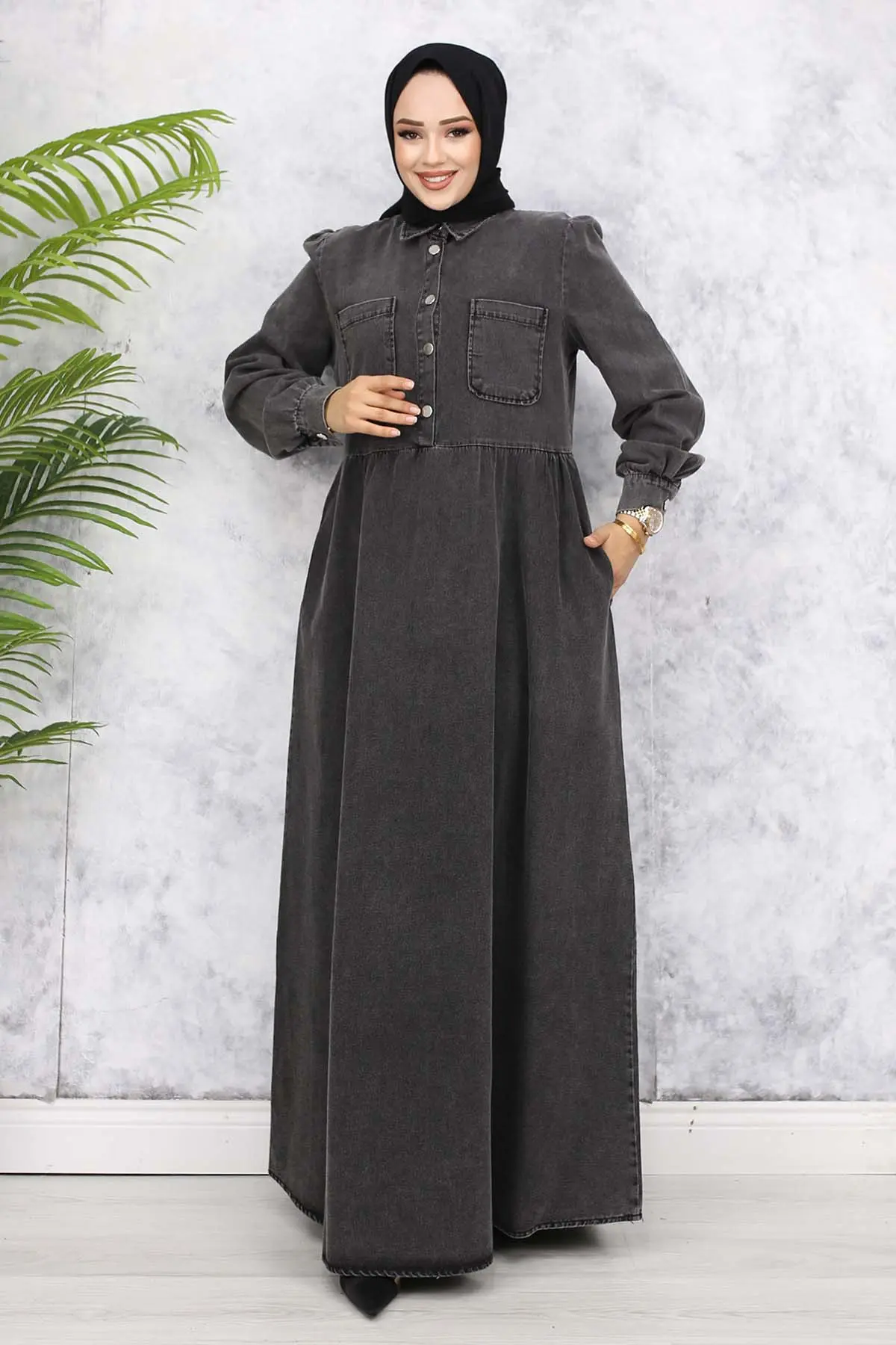 Half Buttoned Jeans Dress With Front Pocket Detail-detail