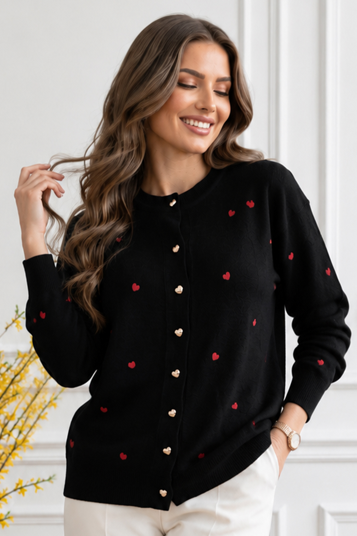 Heart-pattern Knit Cardigan N3219 Black