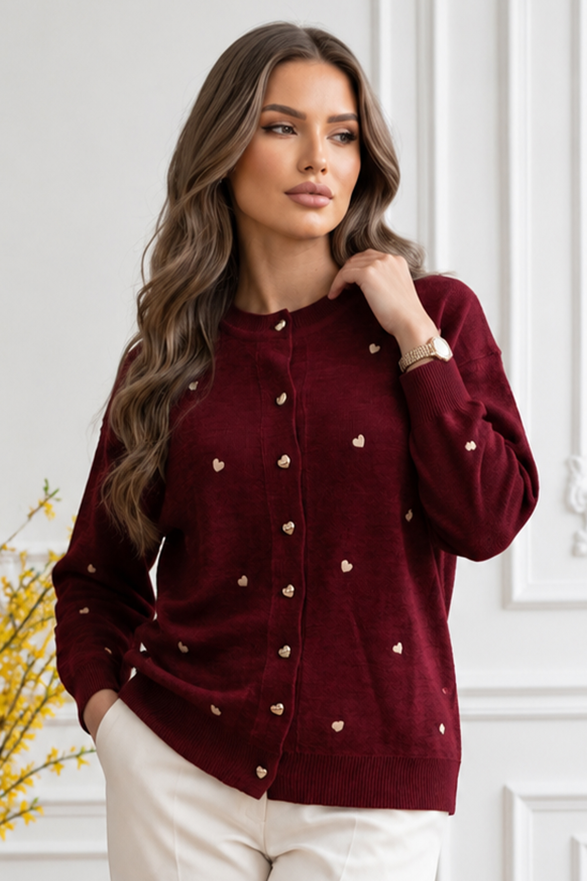 Heart-pattern Knit Cardigan N3219 Burgundy