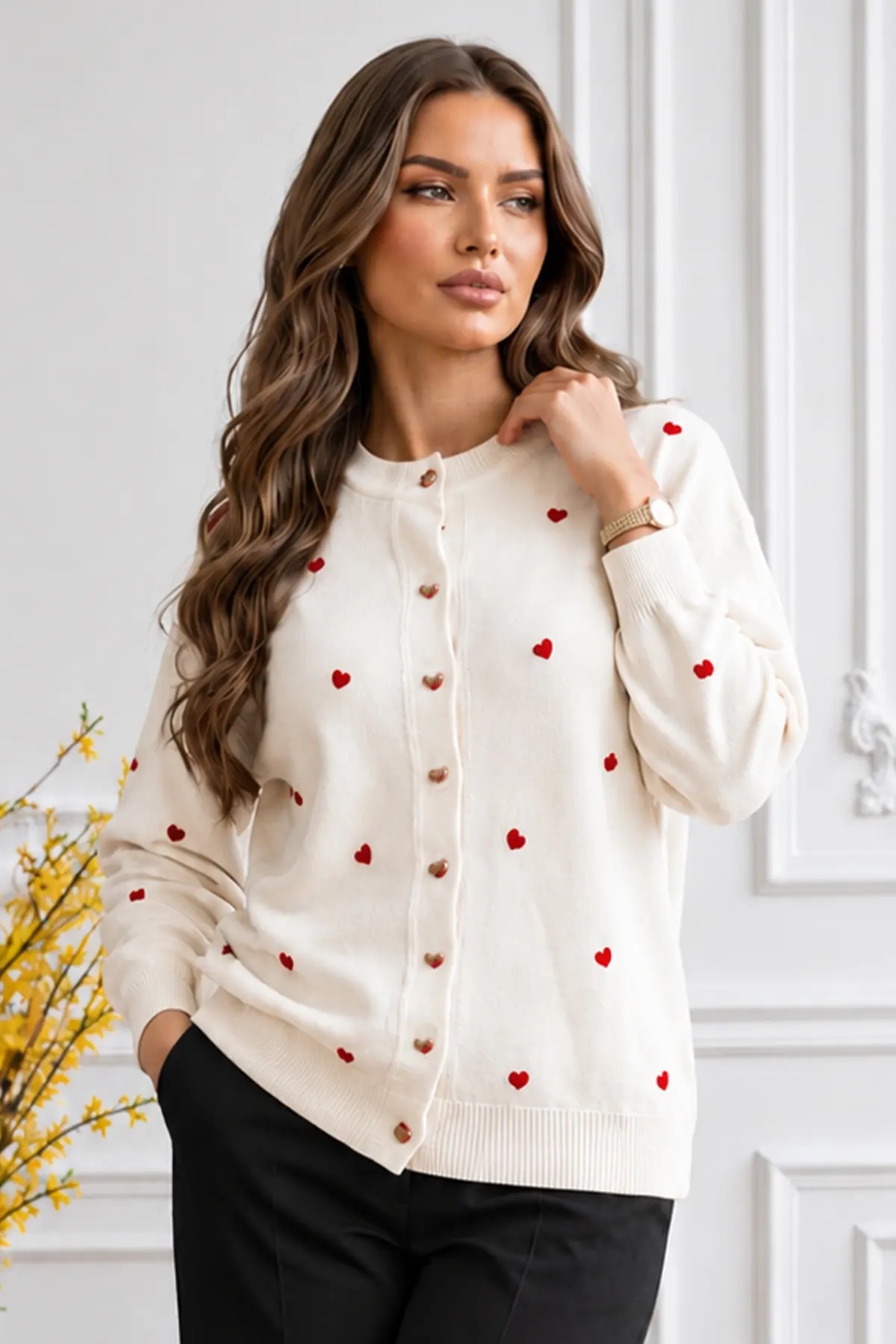 Heart-pattern Knit Cardigan N3219 Ecru-detail
