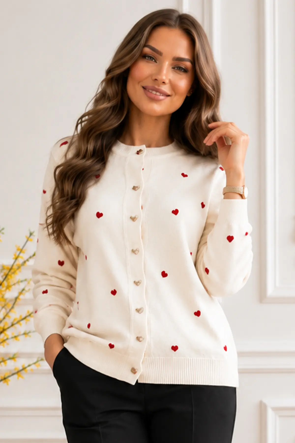 Heart-pattern Knit Cardigan N3219 Ecru-detail