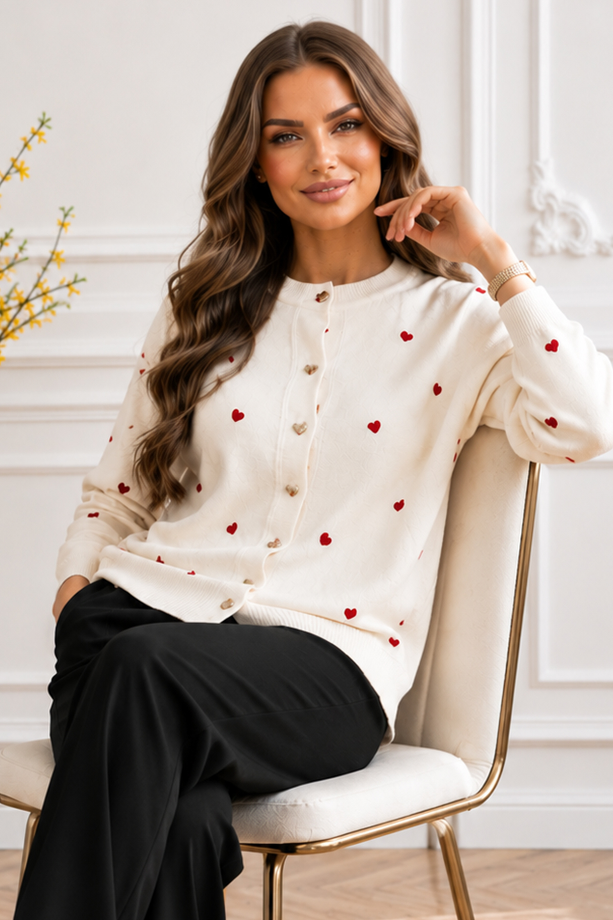 Heart-pattern Knit Cardigan N3219 Ecru