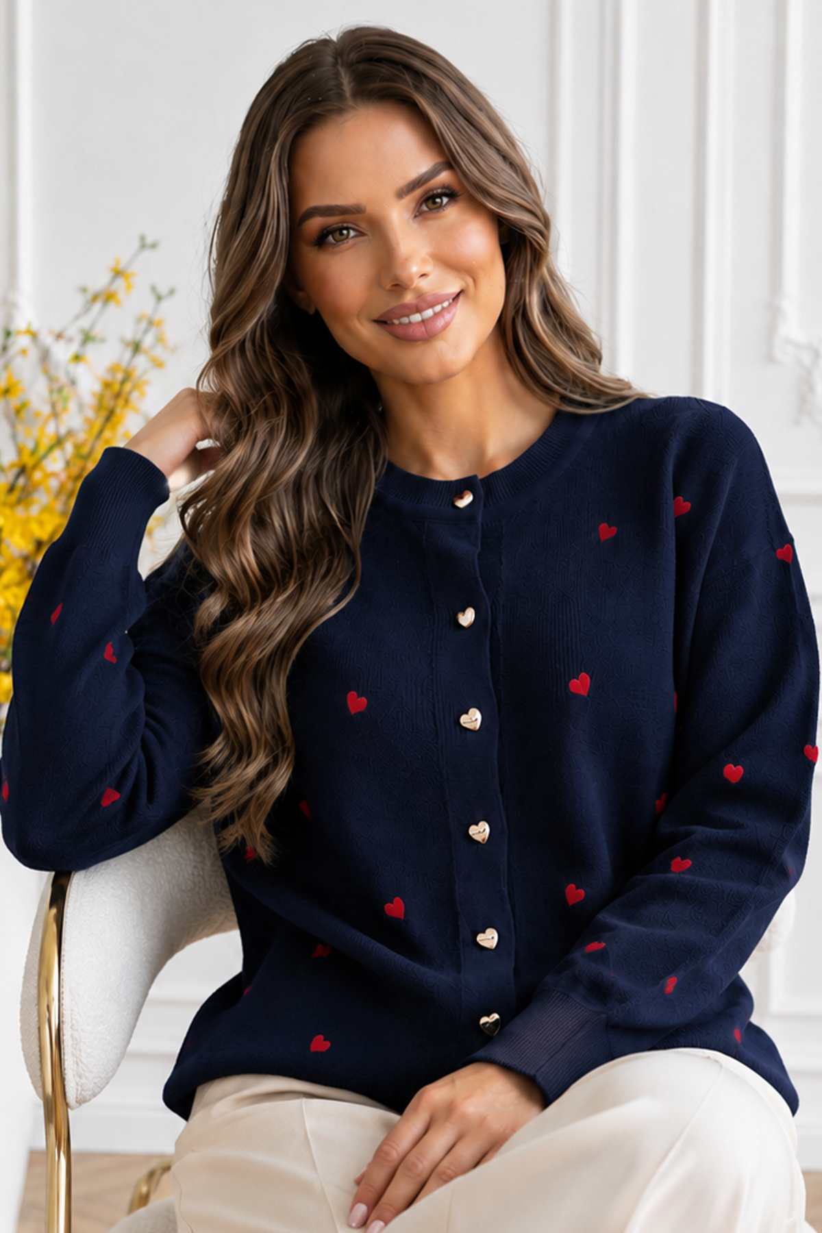 Heart-pattern Knit Cardigan N3219 Navy Blue