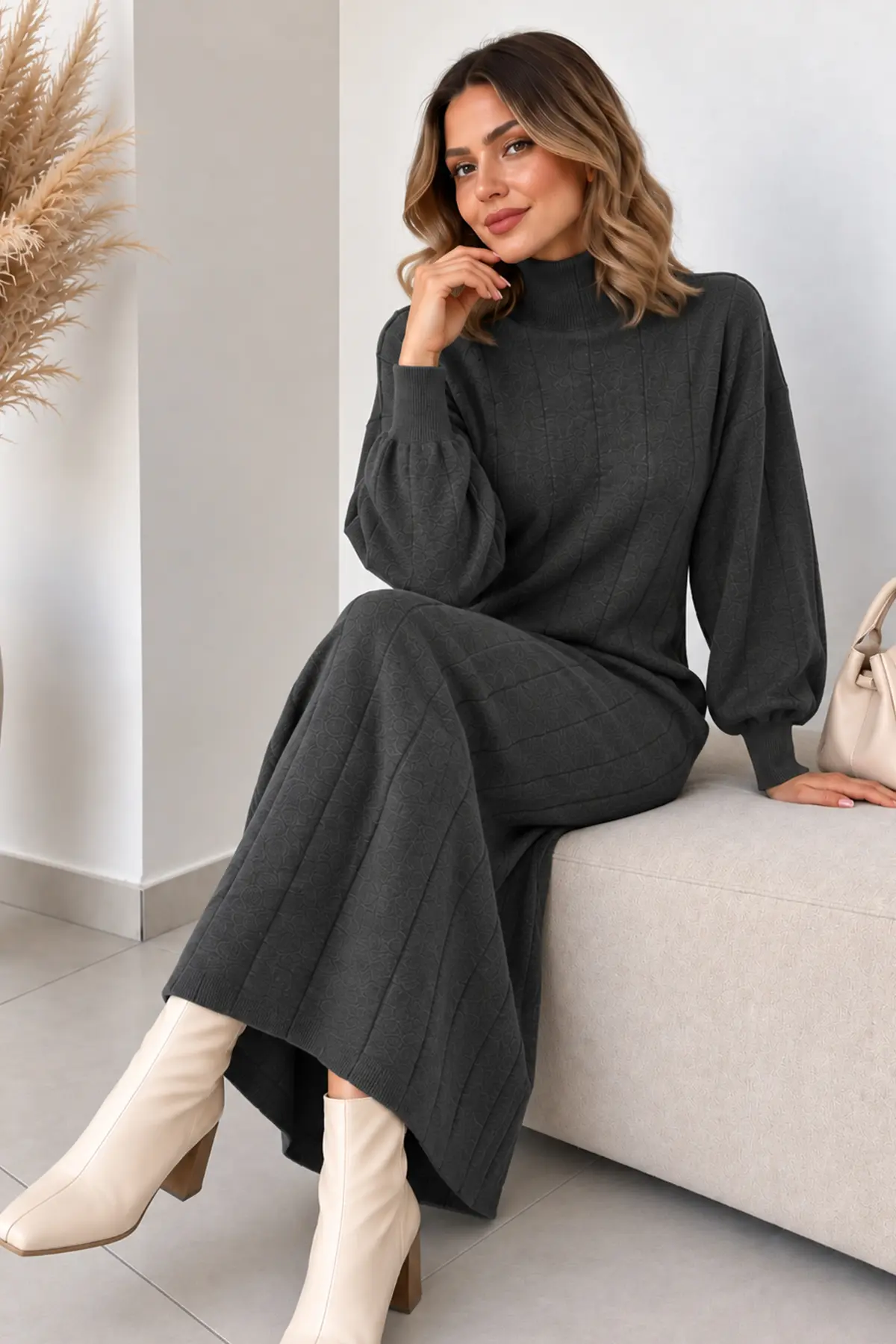 High-neck Ribbed Knit Dress K3051 Anthracite-detail
