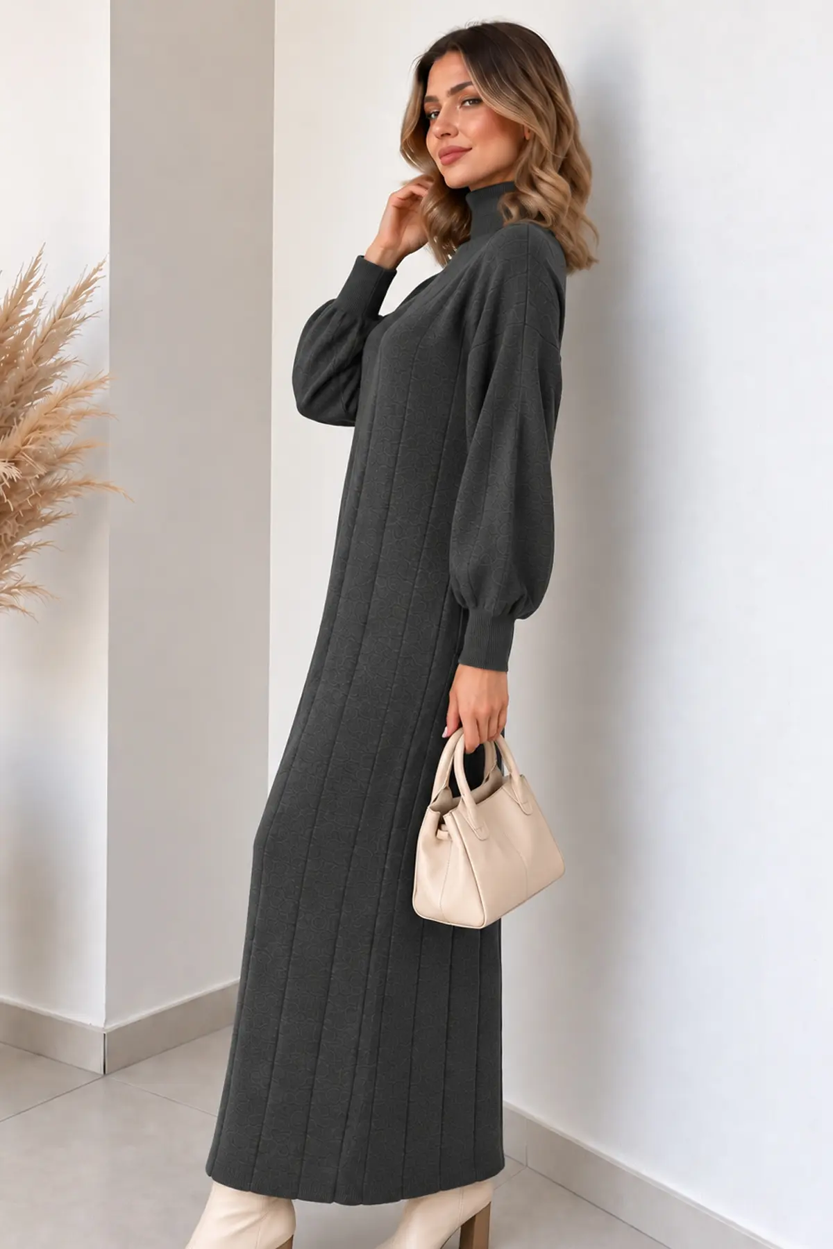High-neck Ribbed Knit Dress K3051 Anthracite-detail