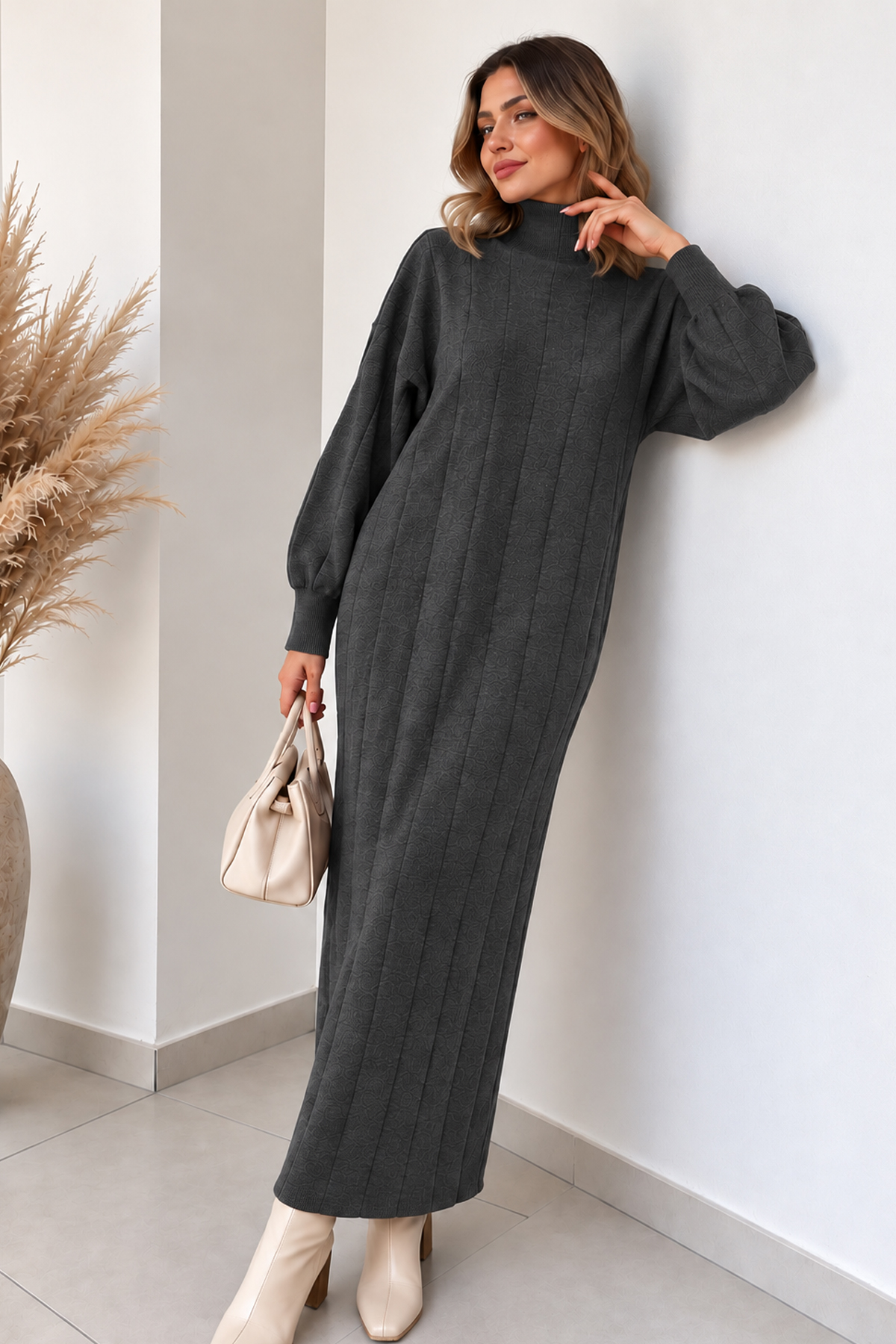 High-neck Ribbed Knit Dress K3051 Anthracite