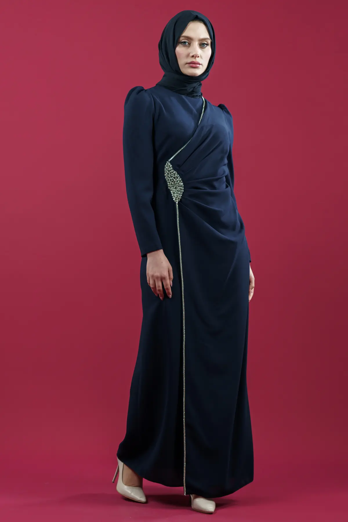 Hijab Evening Dress With Side Strip Stone Detail