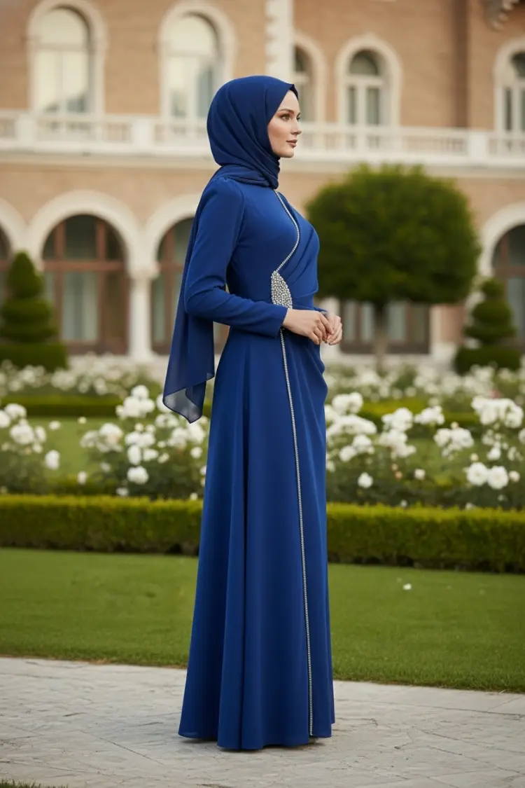 Hijab Evening Dress With Side Strip Stone Detail-detail