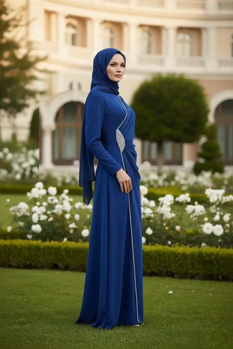 Hijab Evening Dress With Side Strip Stone Detail-detail