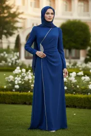 Hijab Evening Dress With Side Strip Stone Detail
