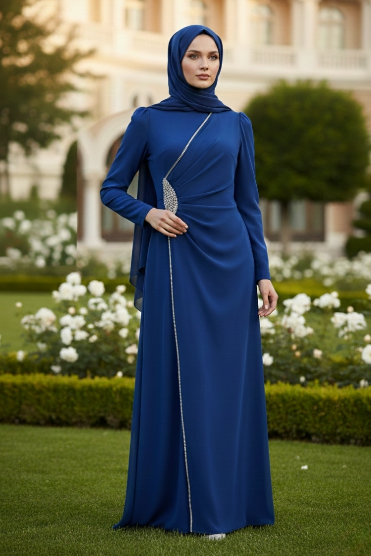 Hijab Evening Dress With Side Strip Stone Detail