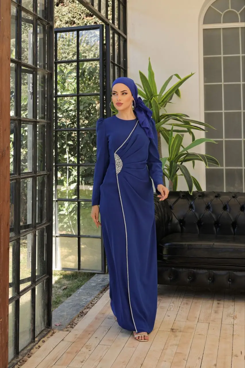 Hijab Evening Dress with Side Strip Stone Detail