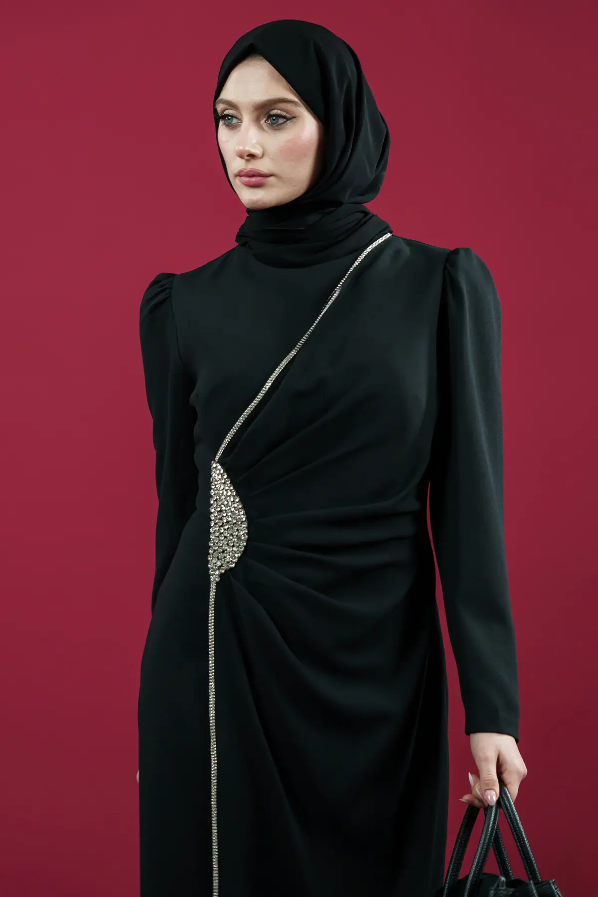 Hijab Evening Dress With Side Strip Stone Detail-detail
