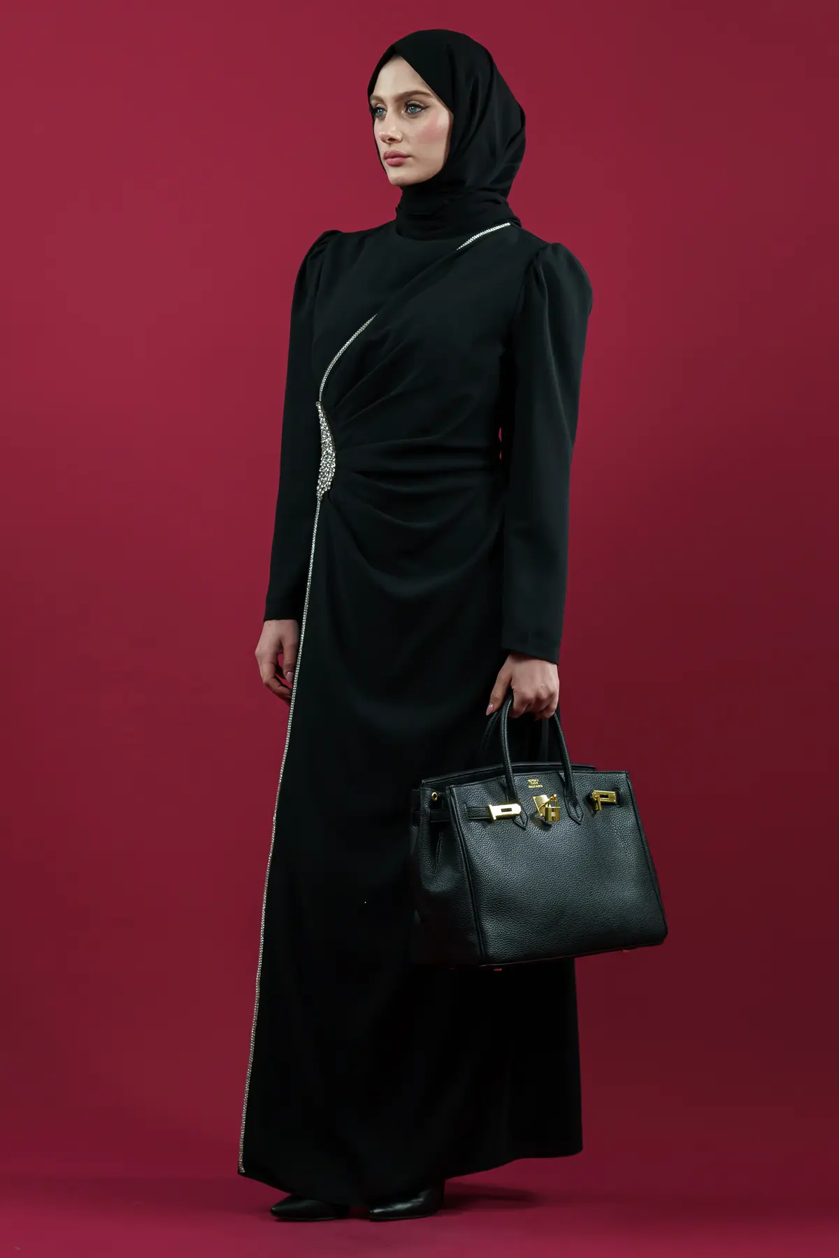 Hijab Evening Dress With Side Strip Stone Detail-detail