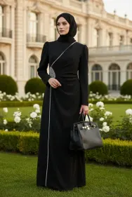 Hijab Evening Dress With Side Strip Stone Detail