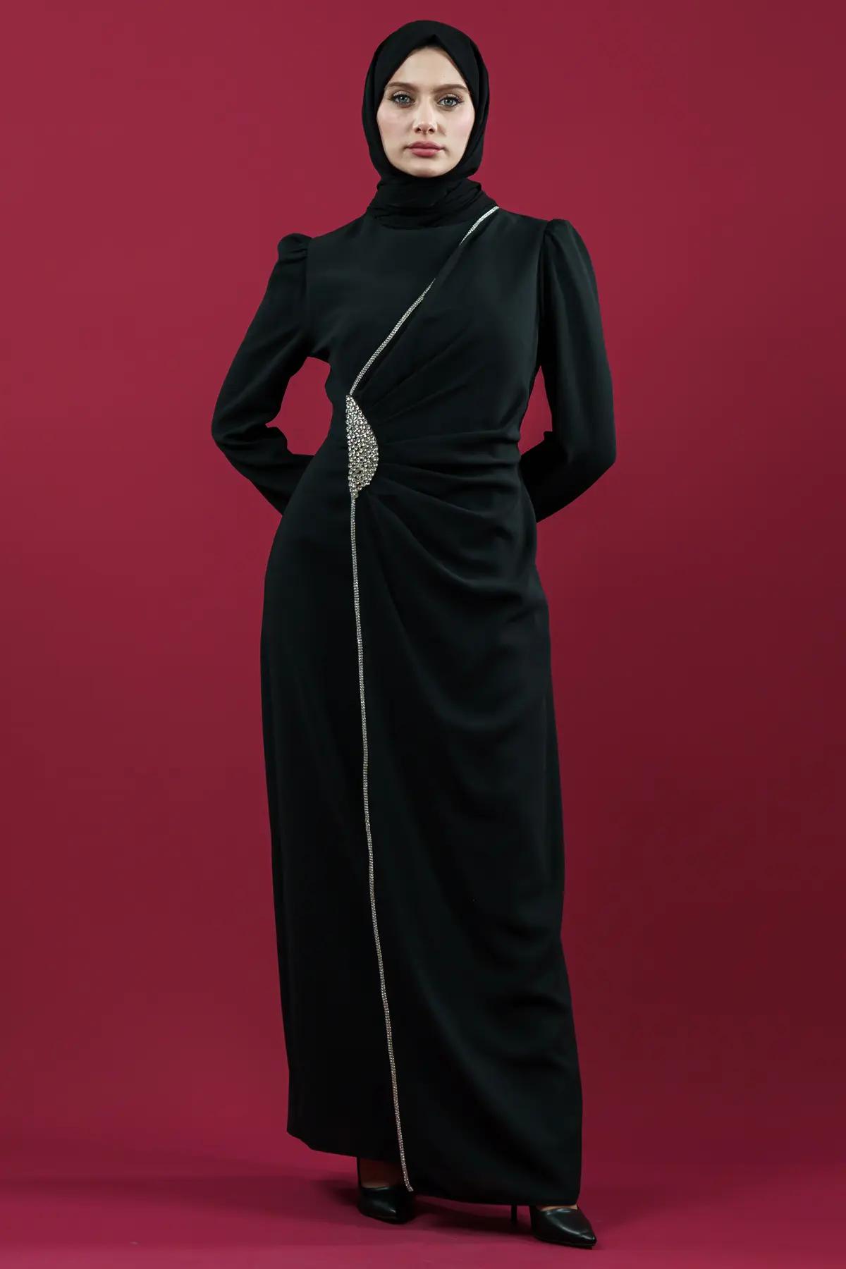 Hijab Evening Dress With Side Strip Stone Detail