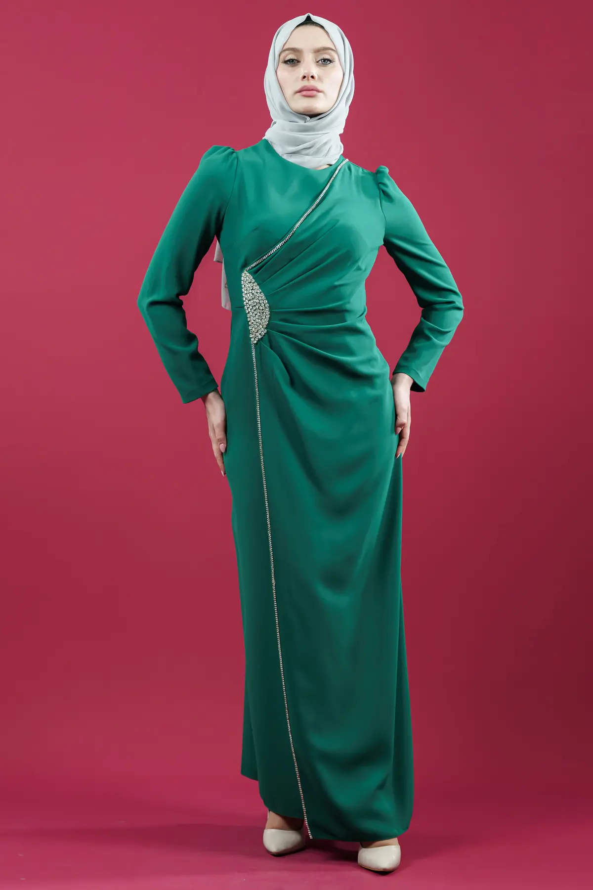 Hijab Evening Dress With Side Strip Stone Detail-detail
