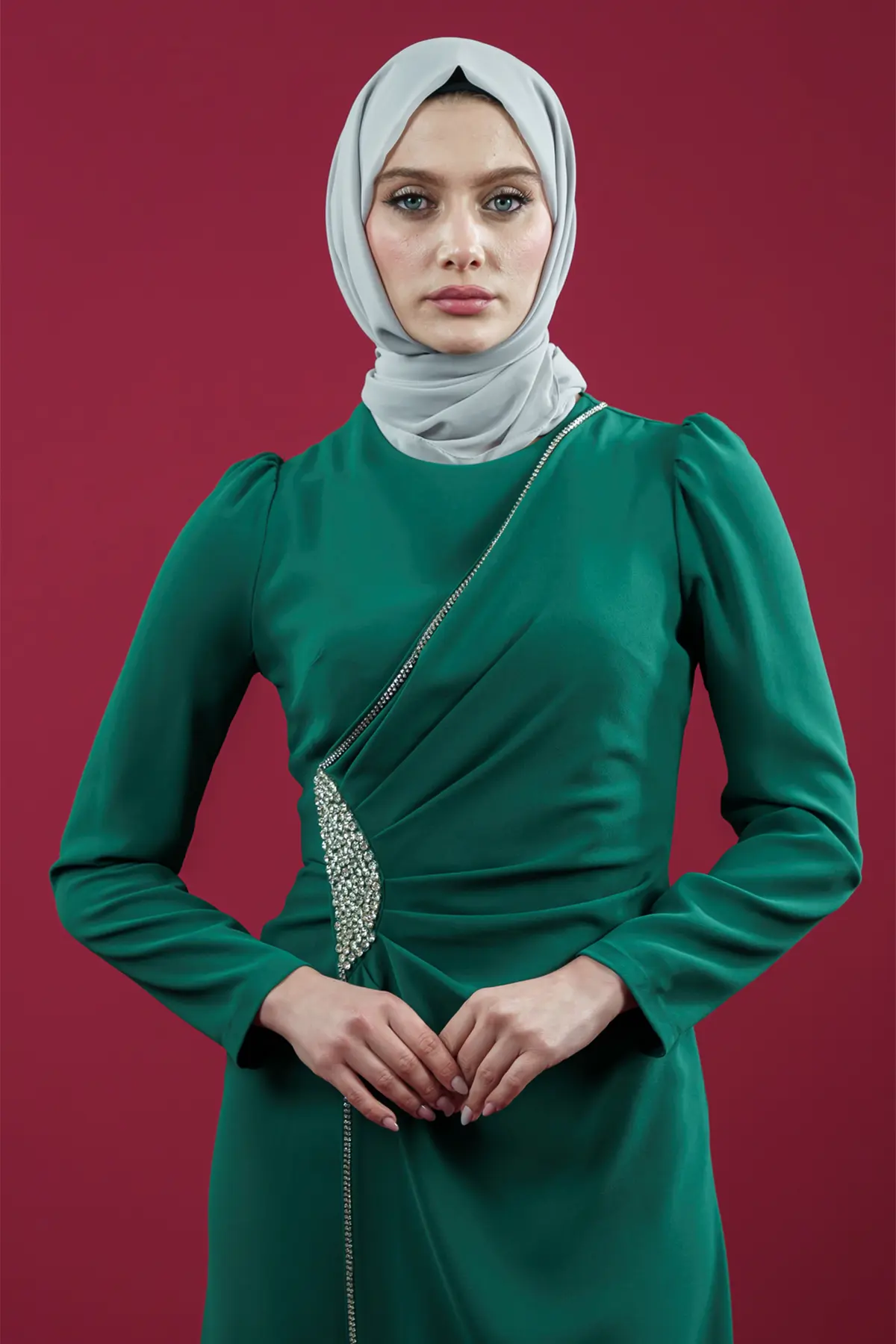Hijab Evening Dress With Side Strip Stone Detail-detail