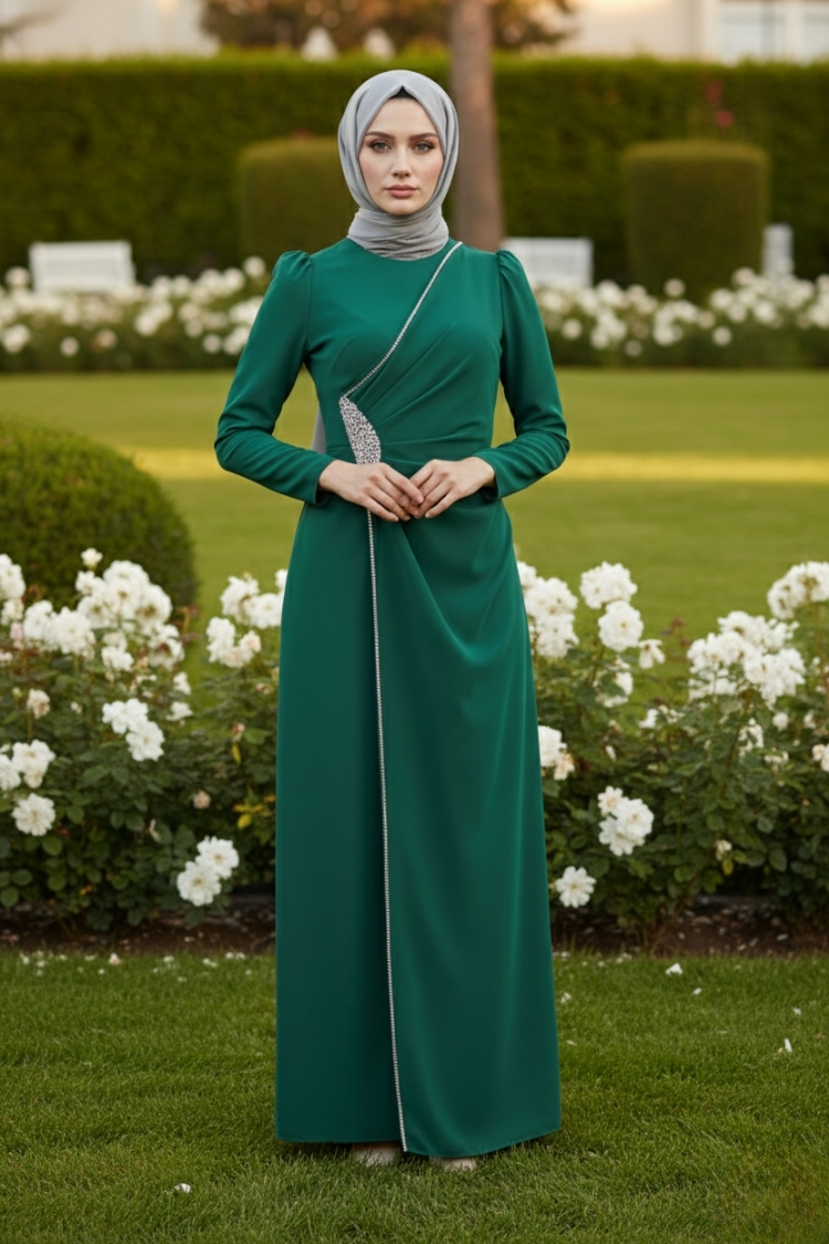 Hijab Evening Dress With Side Strip Stone Detail