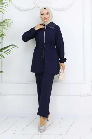 Hijab Suit With Stone Detail On The Collar