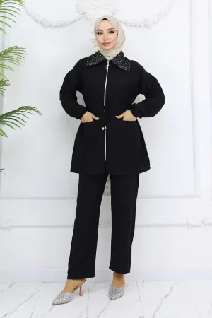 Hijab Suit With Stone Detail On The Collar