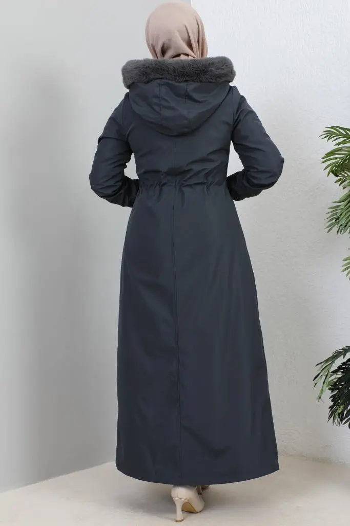 Hooded Long Coat With Fur Collar-detail