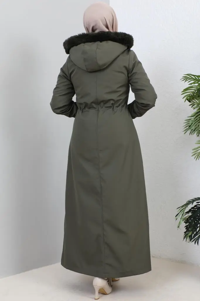 Hooded Long Coat With Fur Collar-detail