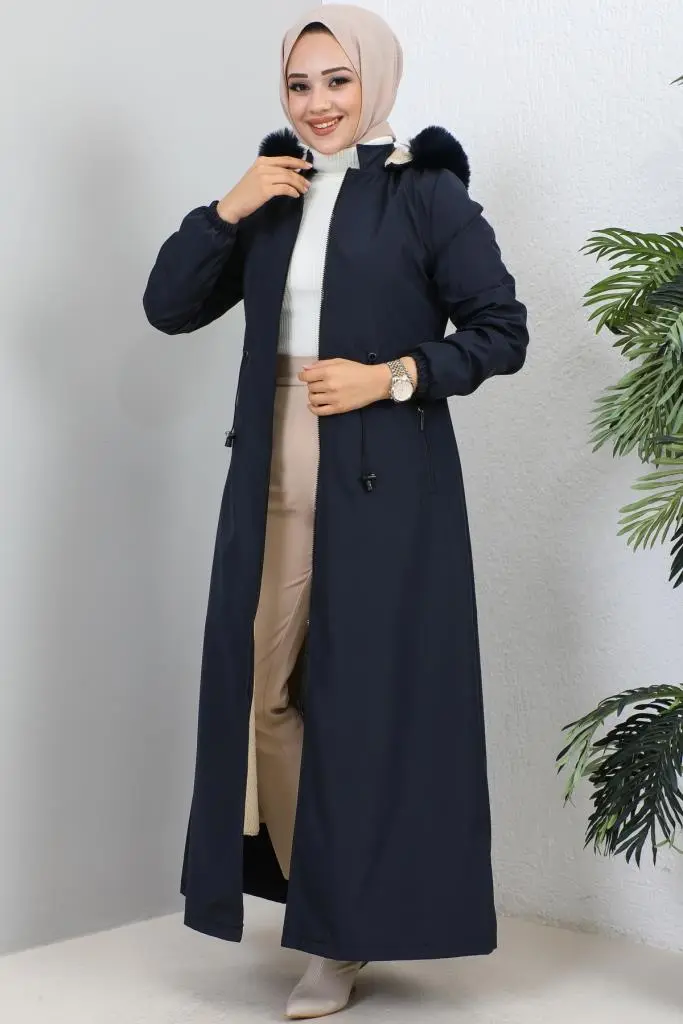 Hooded Long Coat With Fur Collar-detail