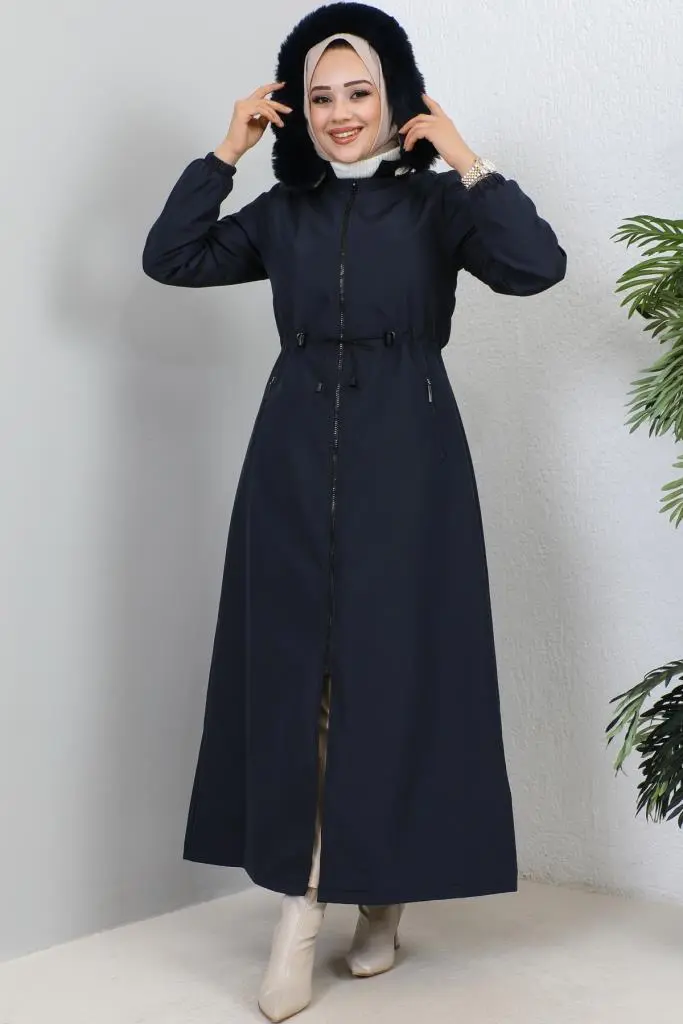 Hooded Long Coat With Fur Collar-detail