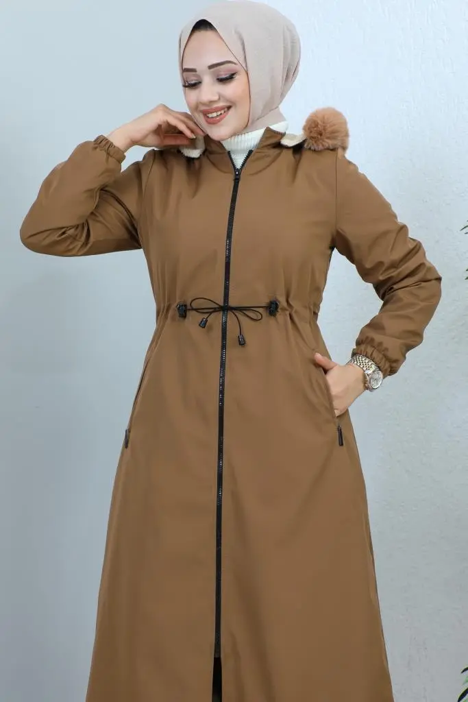 Hooded Long Coat With Fur Collar-detail