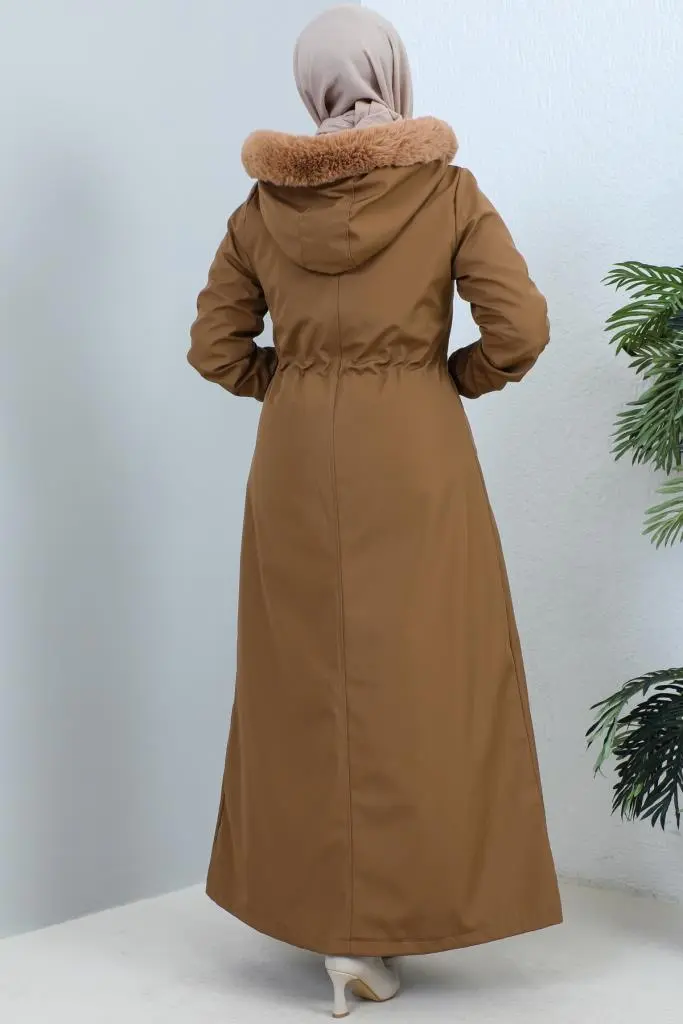Hooded Long Coat With Fur Collar-detail