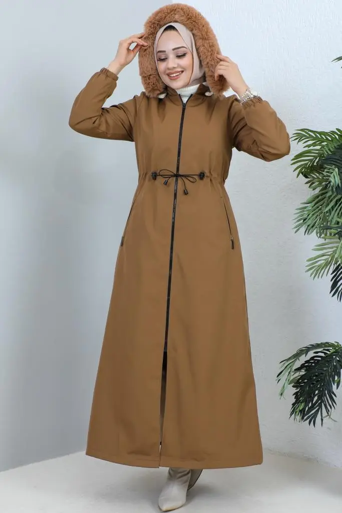 Hooded Long Coat With Fur Collar-detail