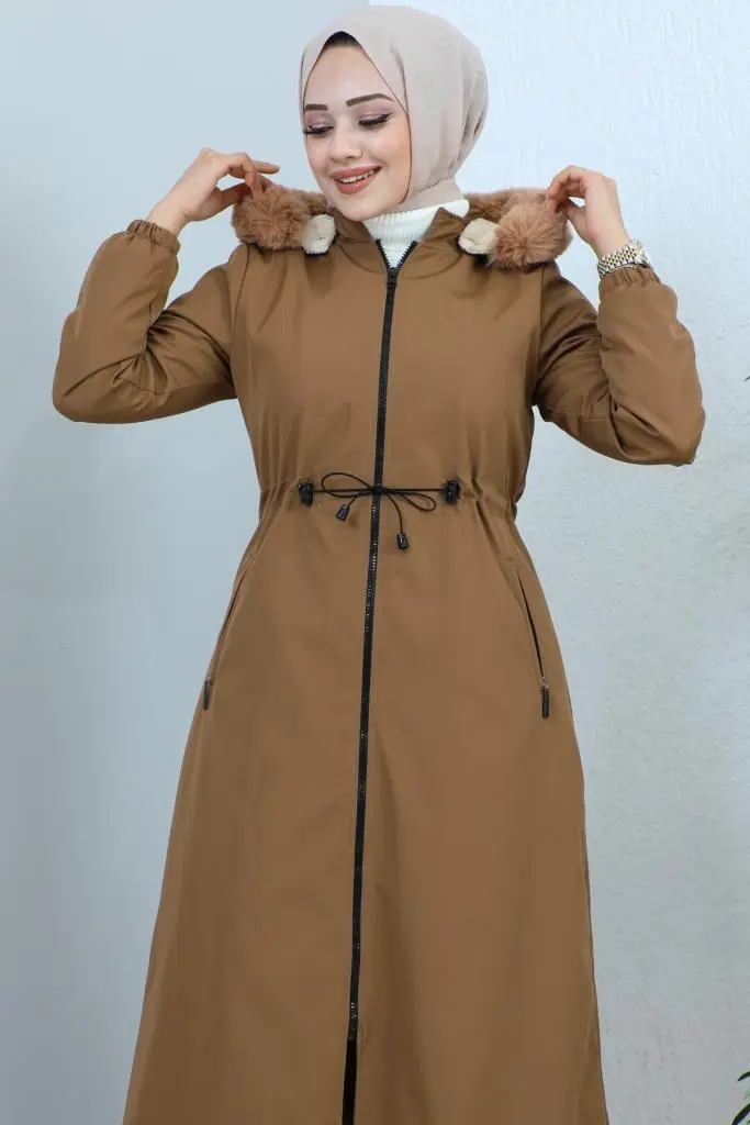 Hooded Long Coat With Fur Collar-detail