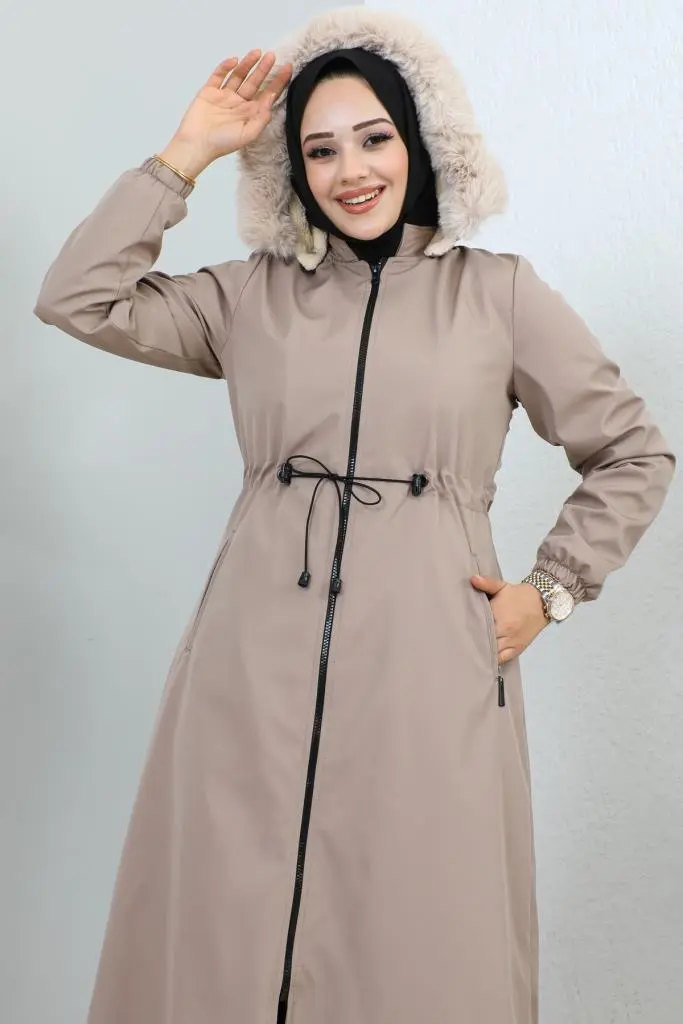 Hooded Long Coat With Fur Collar-detail