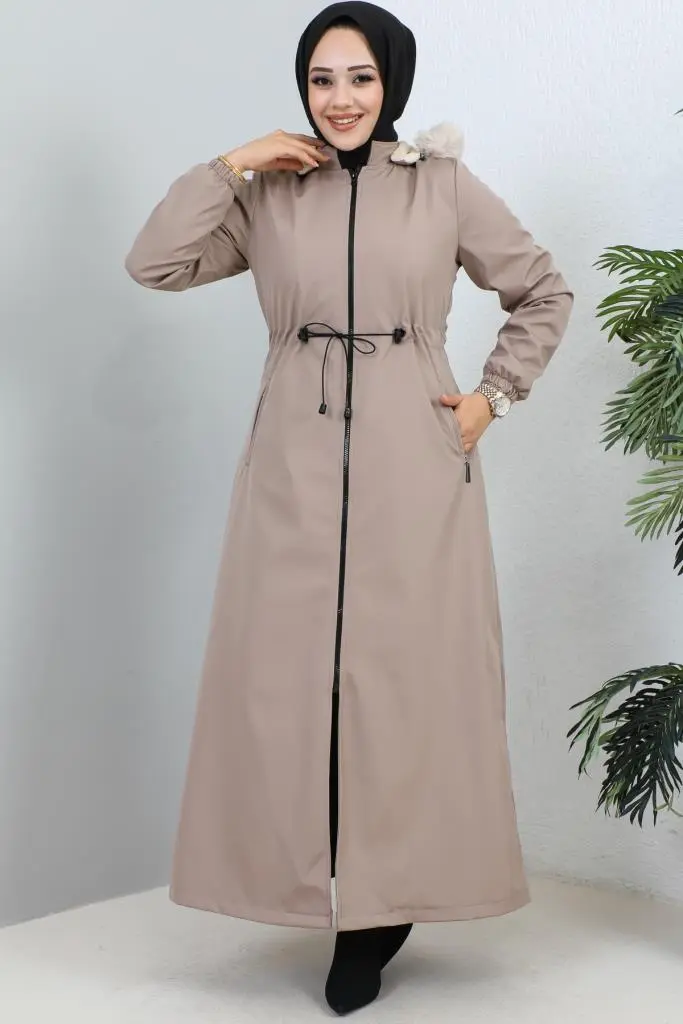 Hooded Long Coat With Fur Collar-detail