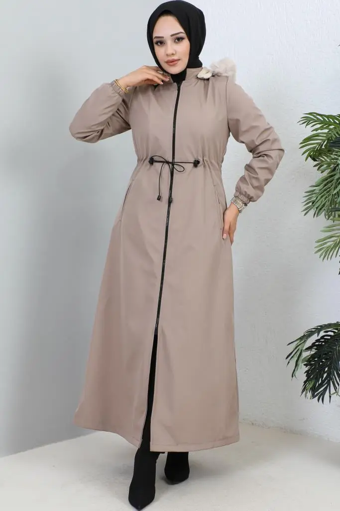Hooded Long Coat With Fur Collar-detail