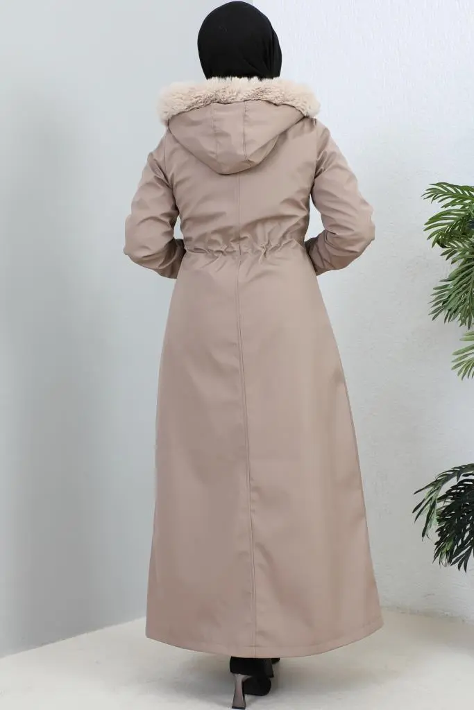 Hooded Long Coat With Fur Collar-detail