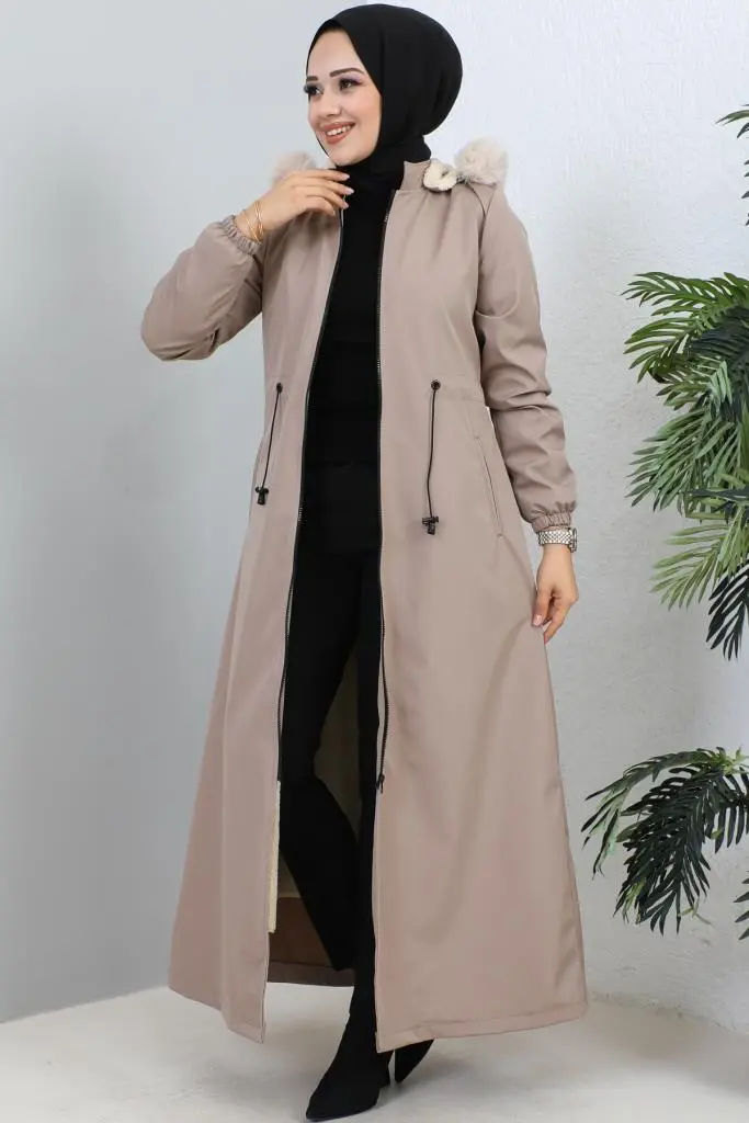Hooded Long Coat With Fur Collar-detail