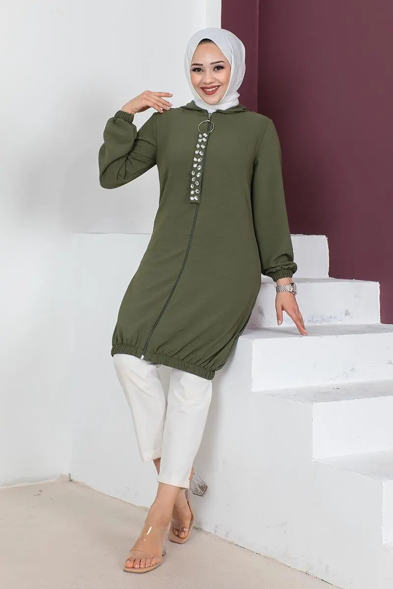 Hooded Modest Tunic Khaki-detail