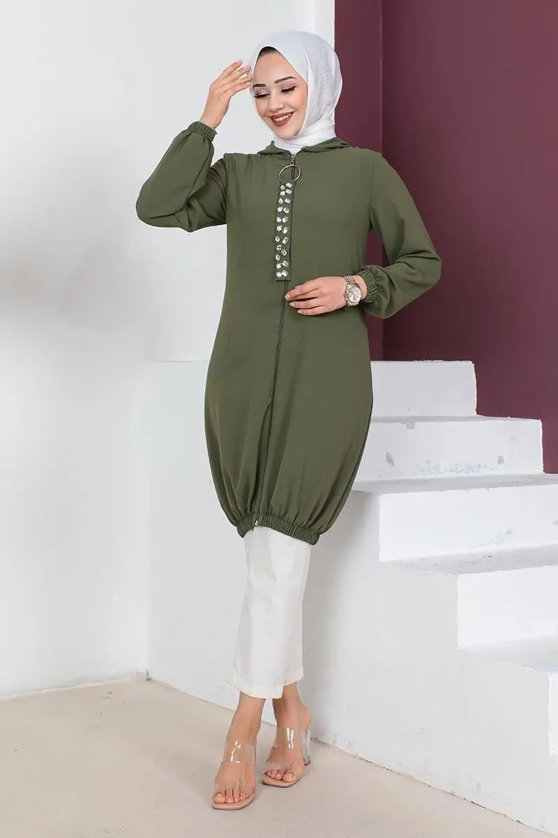 Hooded Modest Tunic Khaki-detail