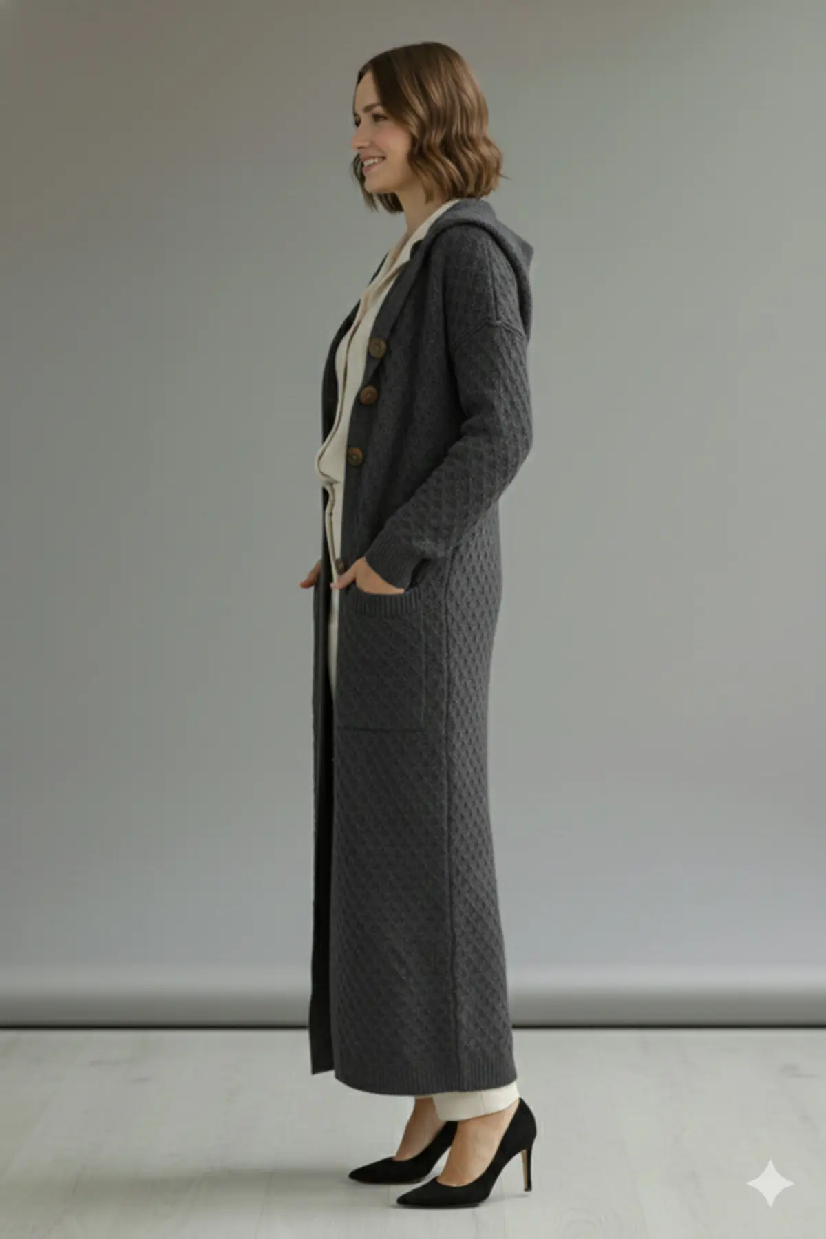 Hooded Patterned Long Knit Cardigan-detail